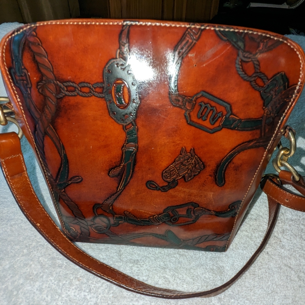 Italian leather equestrian embossed and glazed vintage crossbody bag.